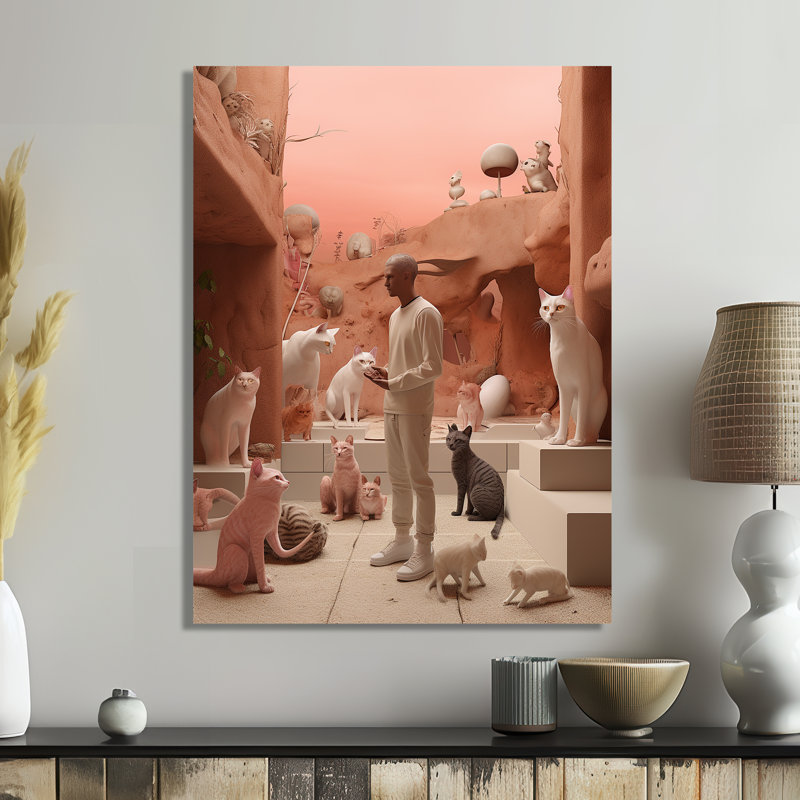 «White Man with Cats Pink Landscape - Man», reproduction d'art mural, Métal métal, H 20 po x l 12 po x P 1 po