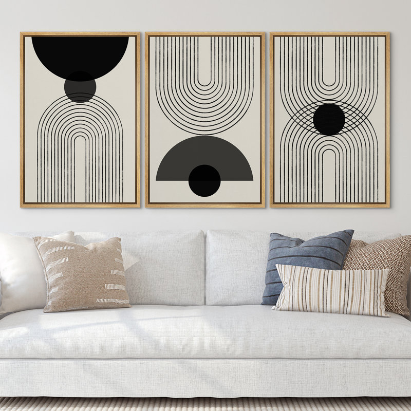 Mid-Century Modern Black And White Minimalist Abstract Home Decor Framed Wall Art Work Canvas Print, 24" H x 16" W, Brown