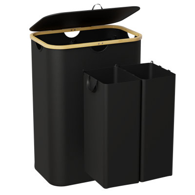 2-Section Laundry Hamper with Lid & Removable Bags, 160L Collapsible Clothes Basket with Bamboo Handles, for Bedroom, Bathroom, Dorm & Laundry Room