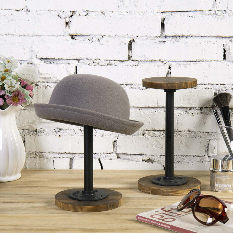 2-Piece Rustic Wood & Metal Hat Display Stand – Tabletop Cowboy Hat, Cap & Wig Holder Riser Décor
