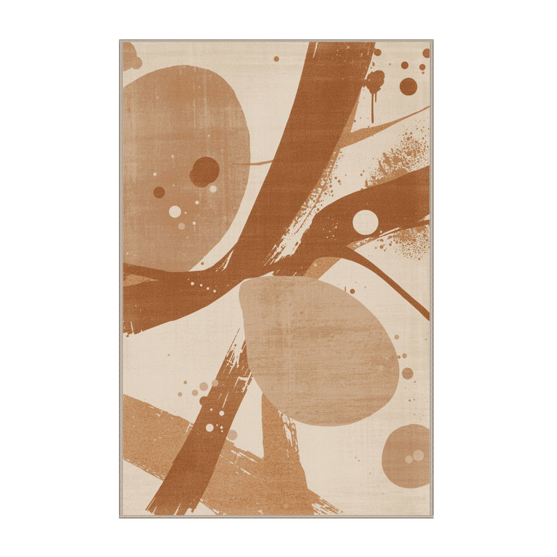 Tapis éclectique abstrait lavable à la machine en brun - reliure beige, 2 pi x 3 pi