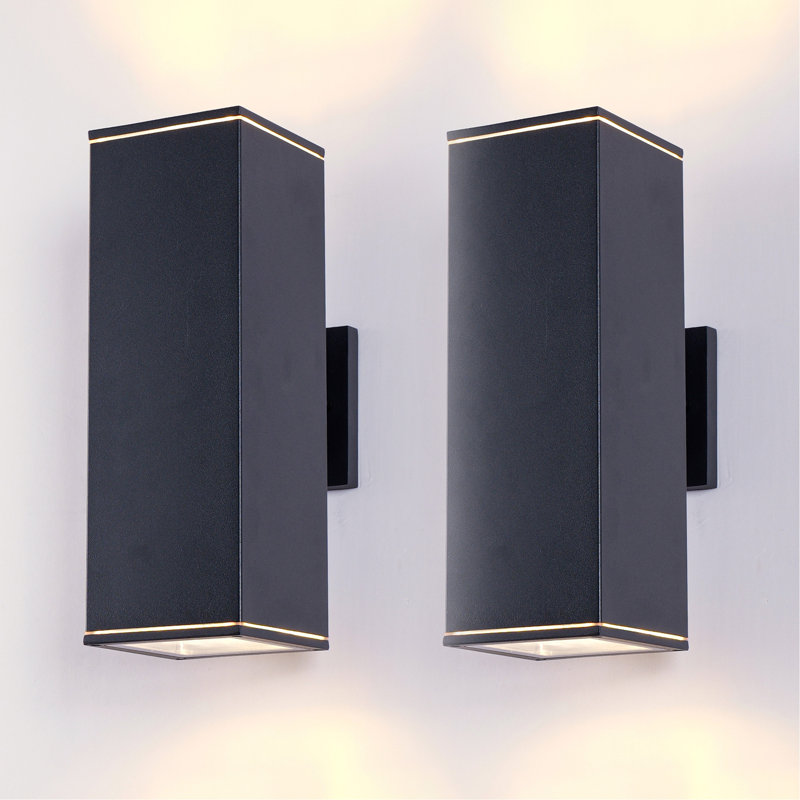 Applique murale d'extérieur 14 po avec 2 lumières avec tube rectangulaire en aluminium et couvercle en verre trempé, paquet de 2 (noir mat) (sans ampoule)