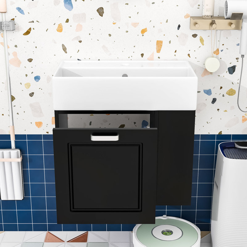 Meuble-lavabo mural flottant avec lavabo, tablettes réglables, Noir