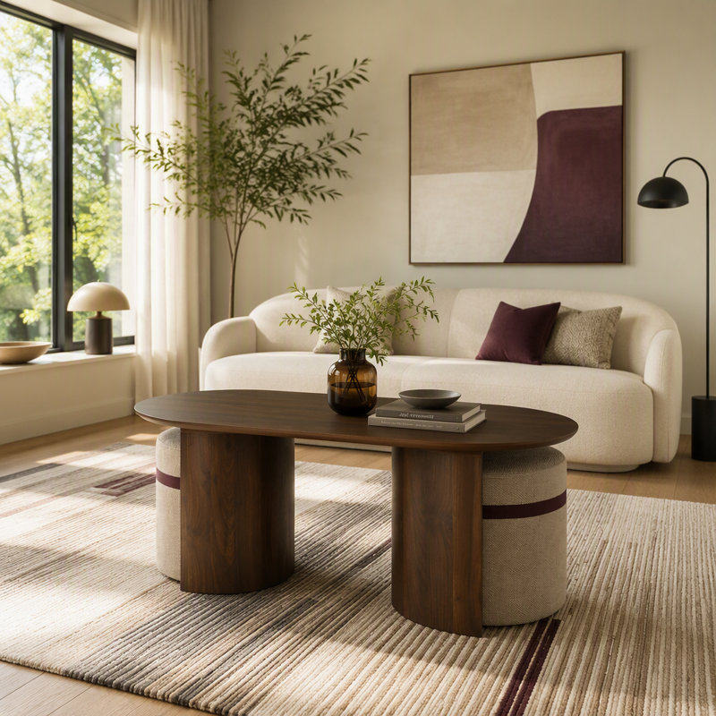 Ensemble de tables basses ovales en bois avec 2 repose-pieds assortis