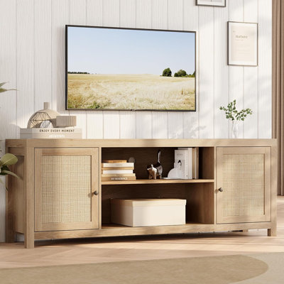 Boho Rattan Entertainment Center with Storage for 75 Inch TV, Media Console with Cabinet Doors and Adjustable Shelves, Wood TV Stand for Living Room and Bedroom