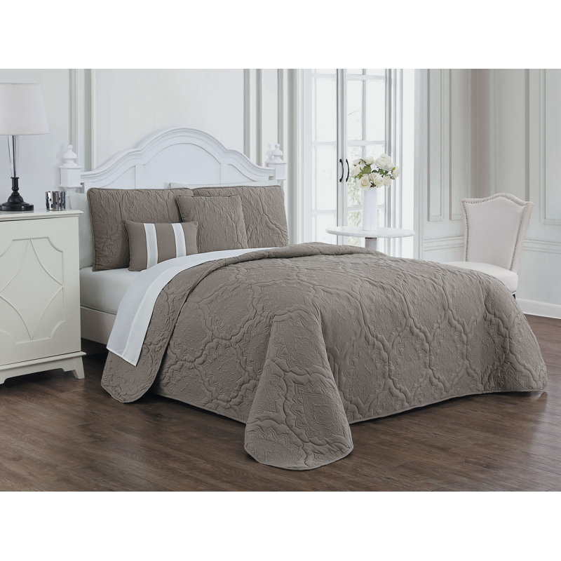 Ensemble de literie 9 pièces nolie, Courtepointe grande taille + 8 pièces supplément, Taupe / ivoire