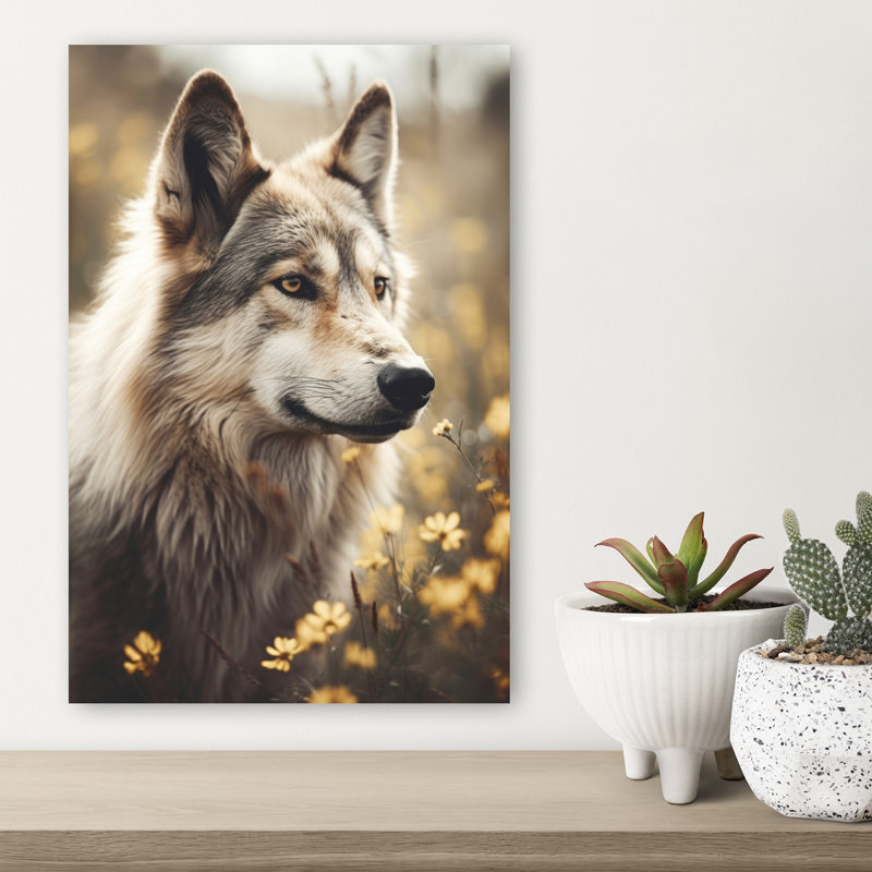 Sérénité Lupine Art Mural Contemporain Chien Loup Forêt de Fleurs, H 18 po x l 12 po