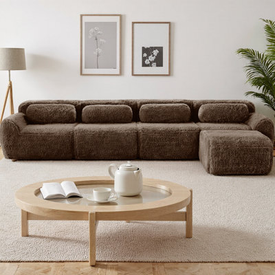 L-Shaped Soft Fluffy Plush Fabric Modular Sectional Sofa with 32D High Density Sponge, Anti-Slip Bottom & Buckle Connection, No Assembly Required 4-Seater Couch