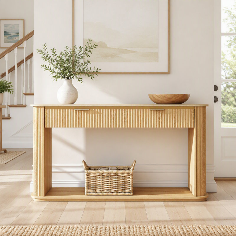 Console cannelée avec plateau en faux travertin, table de canapé d'entrée de 63 po avec garniture or rose, 2 tiroirs et tablette ouverte, table d'appoint de couloir moderne pour le salon