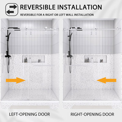 Porte de douche coulissante simple sans cadre de 56 à 60 po x 76 po H, verre trempé transparent de 5/16 po (8 mm), quincaillerie en acier inoxydable de qualité supérieure, nickel brossé