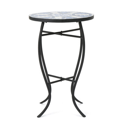 Exquisite Outdoor Table With Mosaic Tilework: Blue And White Iron Stylish Side For Use: & Ceramic Tile Matte Black Legs