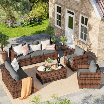 Azoriah 7 -  Person Oversized Armrest Outdoor Sectional Furniture Rattan Sets w/Storage Table