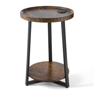 End Table, 2-Tier Round Side Table with Open Storage Shelves, Modern Nightstand Bedside Desk with USB & AC Charging Port, Wood Sofa Coffee Desk for Living Room, Bedroom, Office, Dorm, Brown