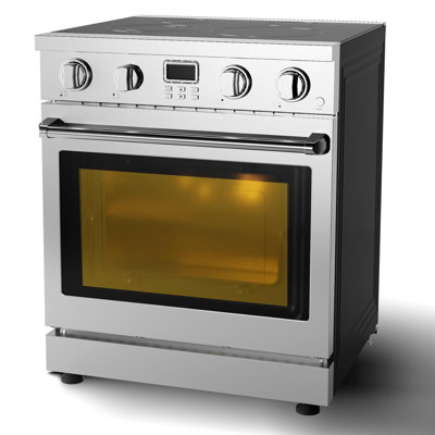 Professional Freestanding Electric Range - 30" Stainless Steel, 4.8 Cu.Ft True Convection Oven, Smooth Glass Cooktop, 4 High-Power Burners, 6 Cooking Modes, Built-In Timer, Energy Efficient, Silver