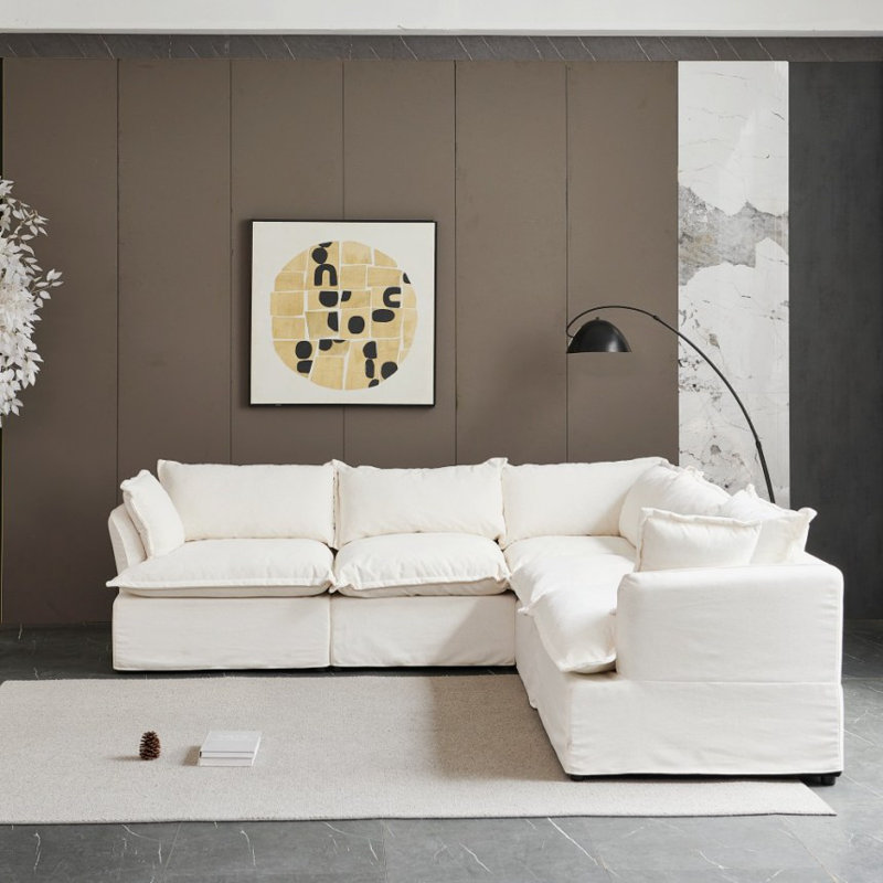 Canapé modulaire en duvet synthétique Kejon, Mélange de lin blanc Kejon