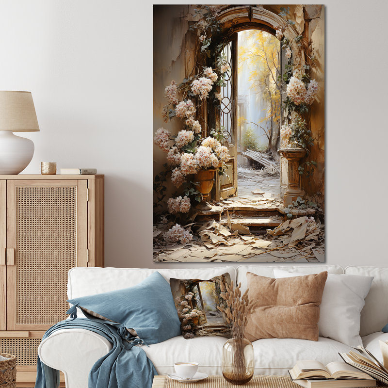 Ruines anciennes «Blooms I» - Art mural fantastique, Toile tendue, 60" H x 40" W