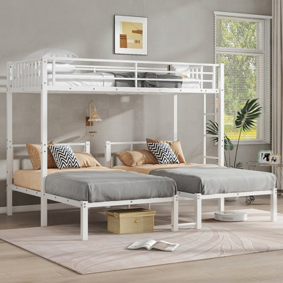 Lit superposé simple au-dessus de simple et simple pour 3 personnes, lit simple superposé simple au-dessus de simple et simple en métal, blanc