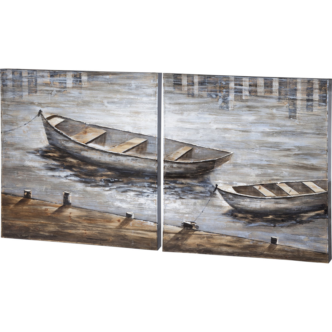 Creekside Diptych 80x40 Boats Original Hand Painted on Wood Oil Painting Longshore Tides