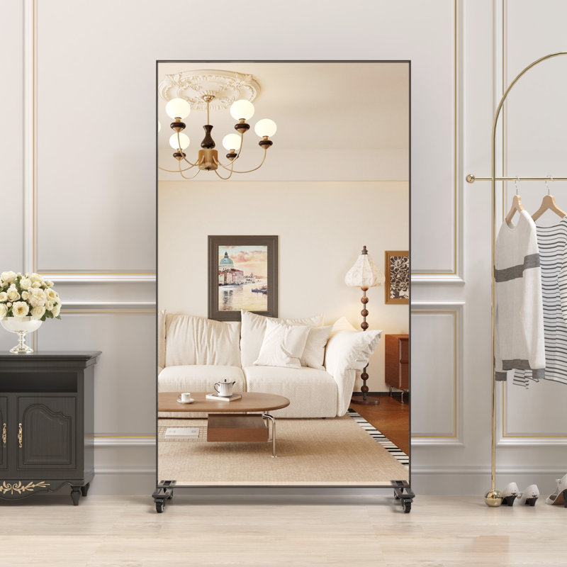 Grand miroir suspendu carré noir de 67 po x 40 po avec cadre en métal et roues mobiles, idéal pour la chambre à coucher, le salon, le plancher surdimensionné argenté haute définition à réglages multiples