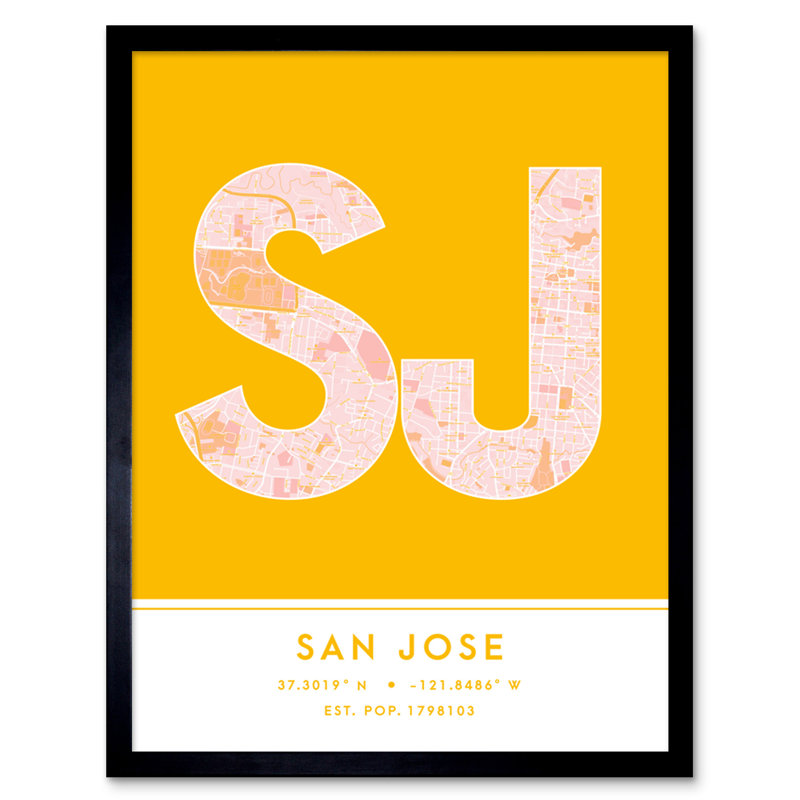 San Jose City Map San Jose Yellow by Wee Blue Coo - Single Picture Frame Typography