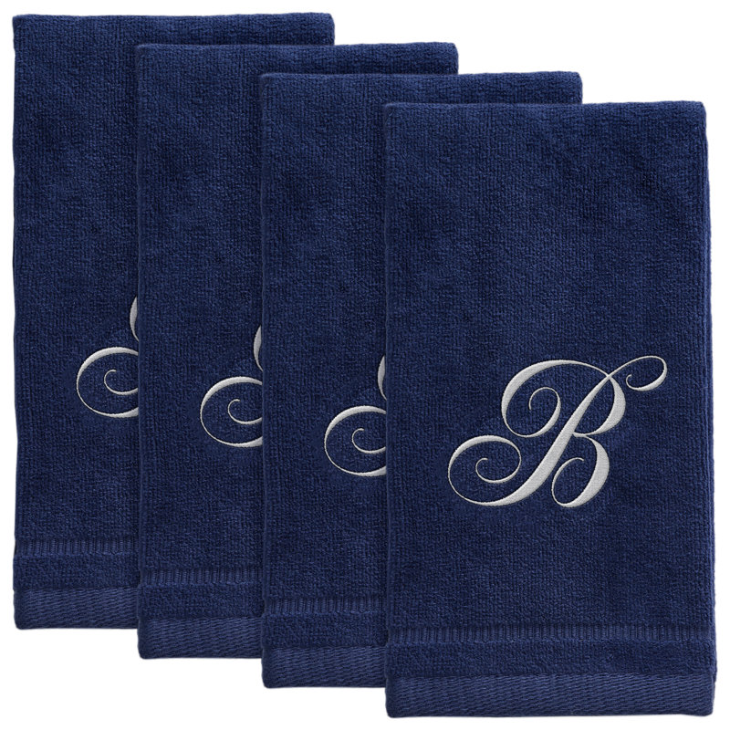 Ensemble de 4 serviettes monogrammées bleu marine - brodées blanches, B