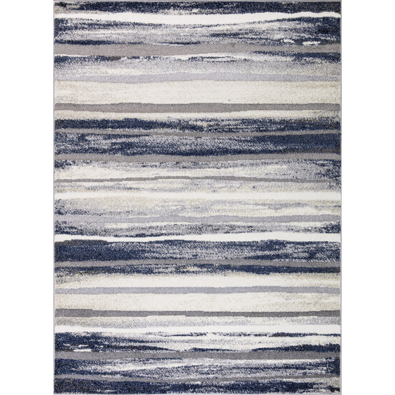 Tapis rayé bleu / gris Roseman, Rectangle 6 pi 7 po x 9 pi 3 po