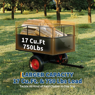 Heavy-Duty Tow-Behind ATV/UTV Dump Cart, 17 Cu Ft 750 lb Steel Yard & Garden Trailer - Removable Sides - All-Terrain Tires - Global Hitch - Tin frame 17 cu.ft red fence + red hub
