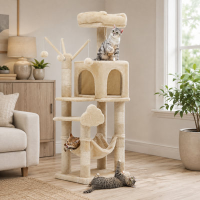 Tour pour arbre à chat multi-niveaux - 45,3 "/ 57,1" peluche pour chat avec poteaux à griffer en sisal, plateformes spacieuses, hamacs et jouets suspendus, robuste pour les grands chats et les maisons multi-chats (beige / gris)