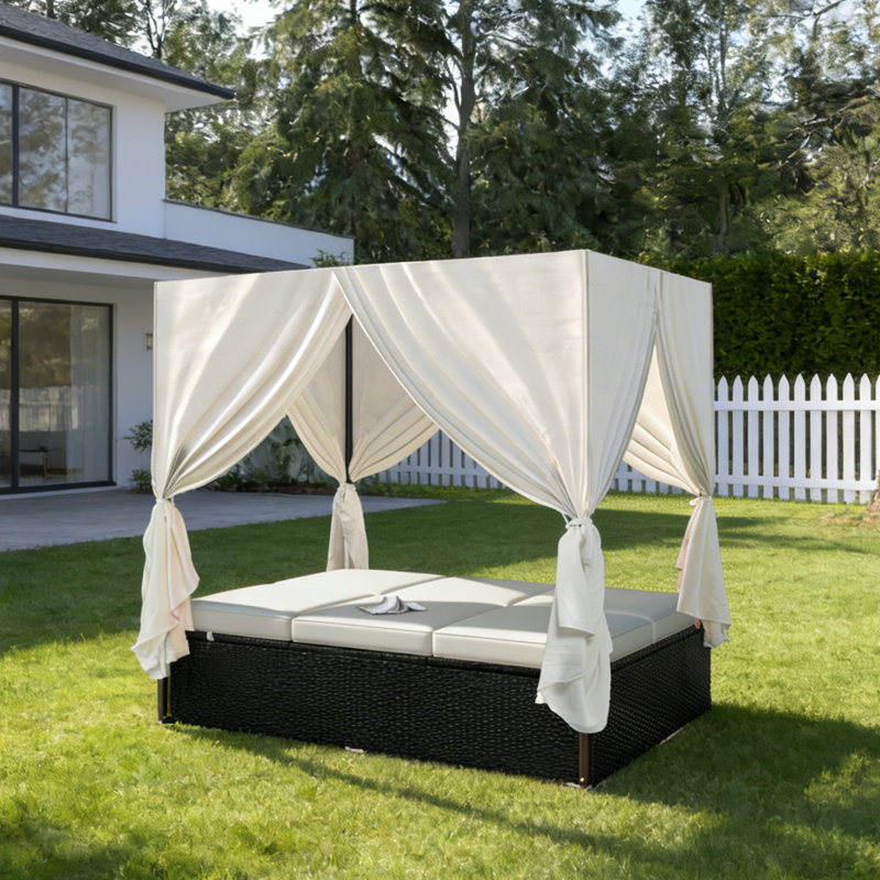 PE Rattan Outdoor Daybed With 3 Color Options Privacy Curtains & Water-Resistant Cushions For Patio & Poolside, Beige