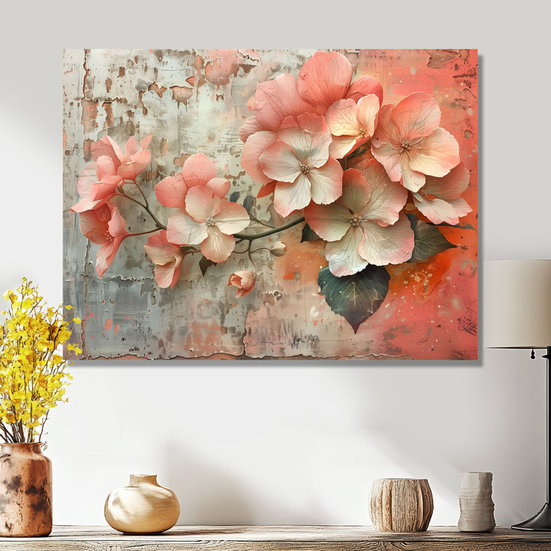 Rose et gris, hortensia, campagne charmante II, impression d'art mural hortensia, Sans cadre, métal, H 30 po x l 40 po