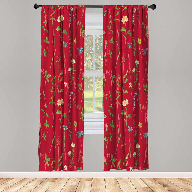 Microfiber Floral Semi-Sheer Rod Pocket Curtain Panels, 28" W x 95" L, Red/Green