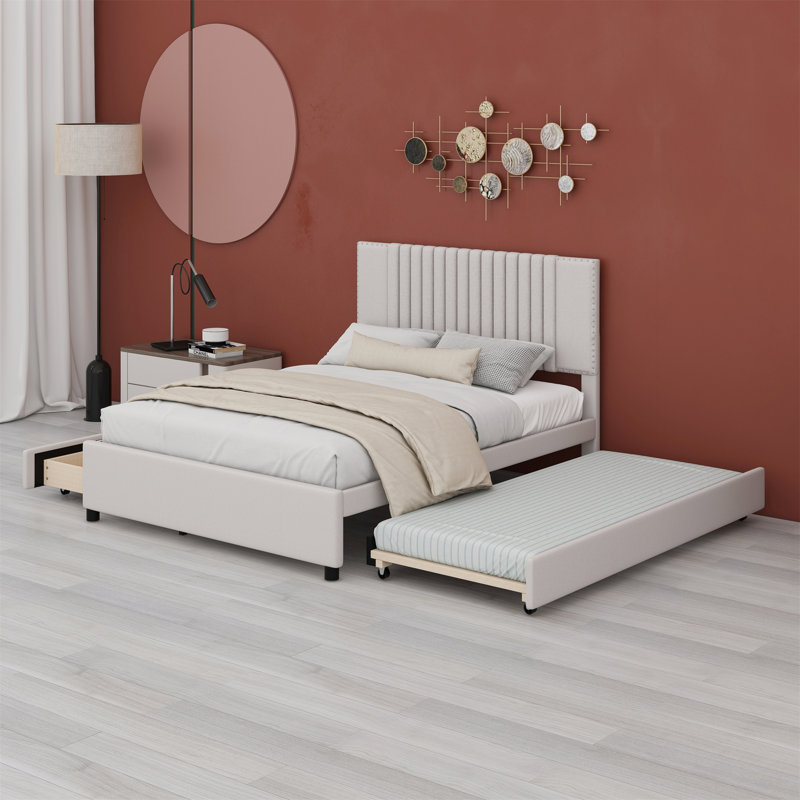 Lit plateforme tapissier avec 2 tiroirs et lit gigogne, tête de lit classique, Beige, Double