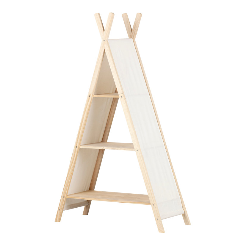 59.25" Natural Pine and White Cotton Teepee Shelving Unit