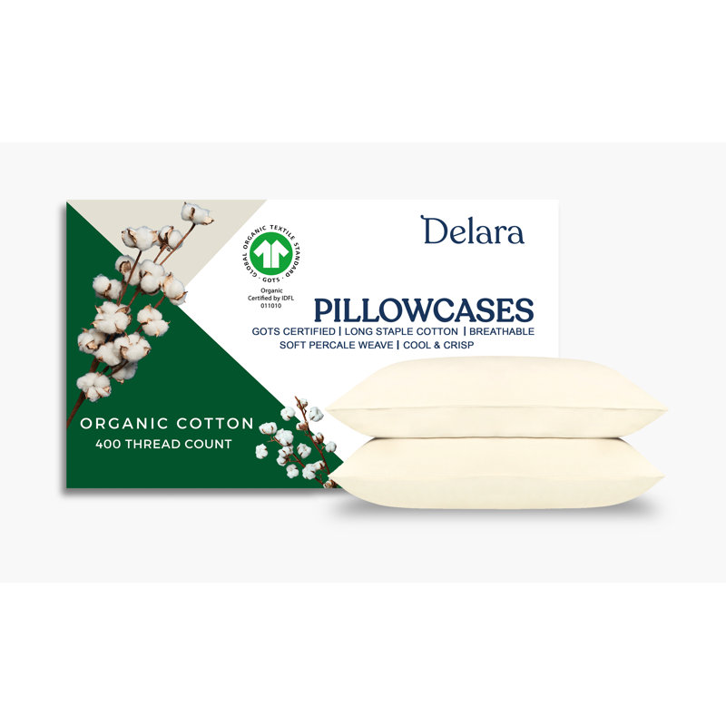 Percale Pillowcase 100% Organic Cotton Percale, 400 Thread Count GOTS Certified, Smooth & Moisture-Wicking, King Pillowcase