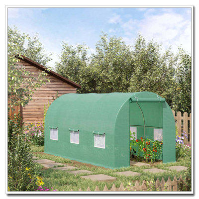 Outsunny 15' x 6' x 7' Walk-in Tunnel Greenhouse Garden Plant Growing House with Door and Ventilation Window, Green