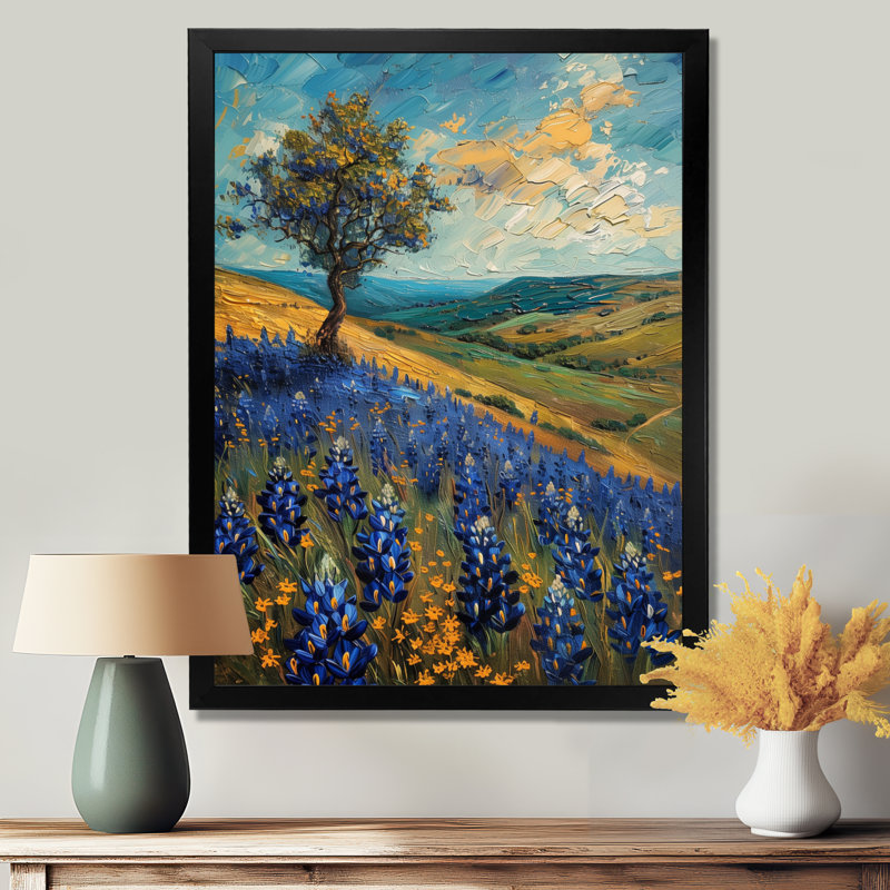 «Blue Green Morning Magic Blue Bonnets Fields» - art mural Bonnets bleus, H 12 po x l 20 po, Cadre simple noir