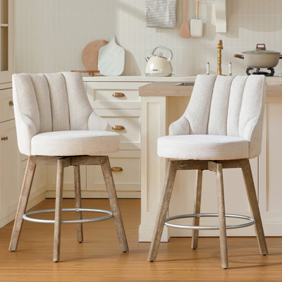 Counter Height Bar Stools,Swivel Bar Stools with Backs,Barstools Set of 2,26'' Solid Wood Legs,Thick Seat Upholstered Linen Fabric Counter Height Stools in Beige