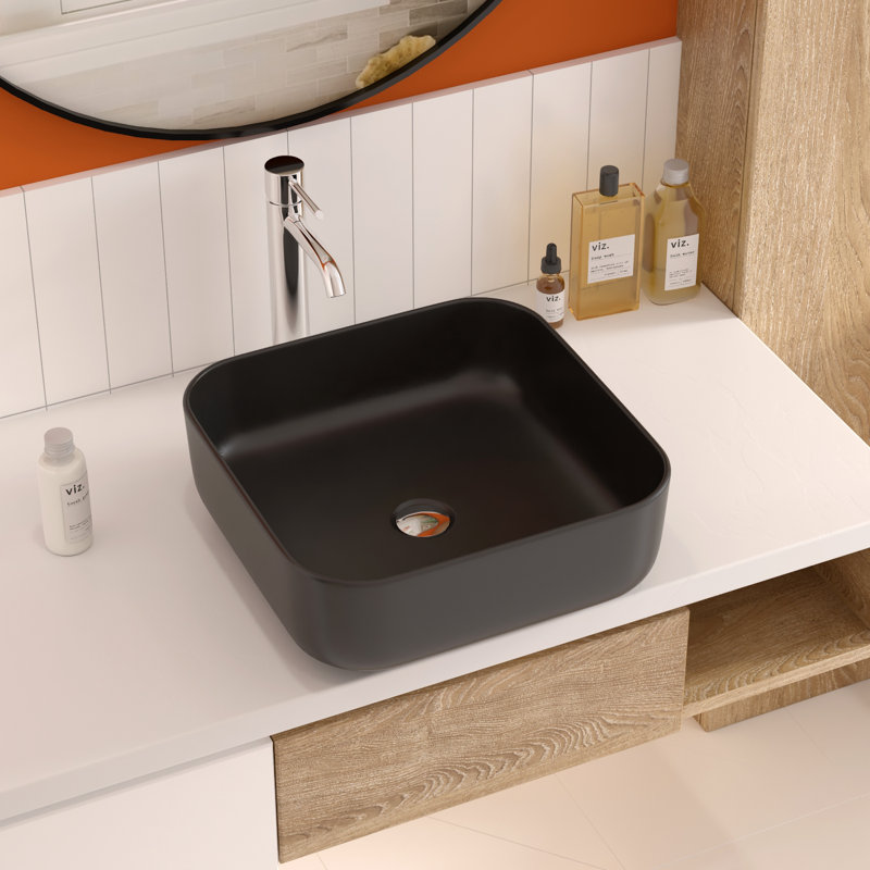 Lavabo de salle de bain vasque carré en céramique 15 po DeerValley Ace, Noir mat