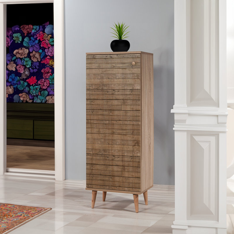 Scandinavian Shoe Cabinet with Multiple Shelves, Sonoma Oak Finish, 19.7 x 53.1 x 15.0 inches | 100% Melamine Coated Particle Board, UV Coating, Hornbeam Legs, Metal & Rope Handles | Wall-Mountable, Stylish Storage Solution