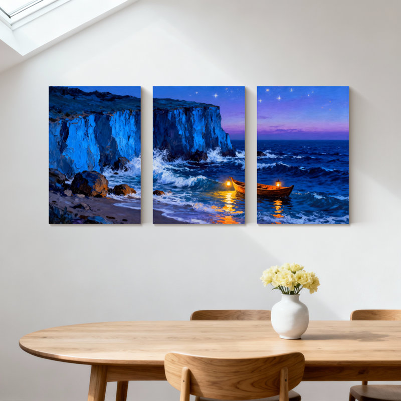 Abstrait océan, falaise, bateau, nuit, étoiles, vagues, reflet de la lumière, ensemble de 3 impressions sur toile
