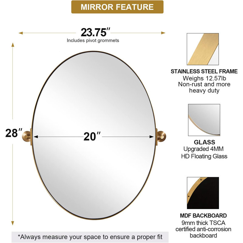  Miroir de salle de bain mural inclinable | Cadre pivotant réglable en acier inoxydable, Or brossé, 28 po x 20 po