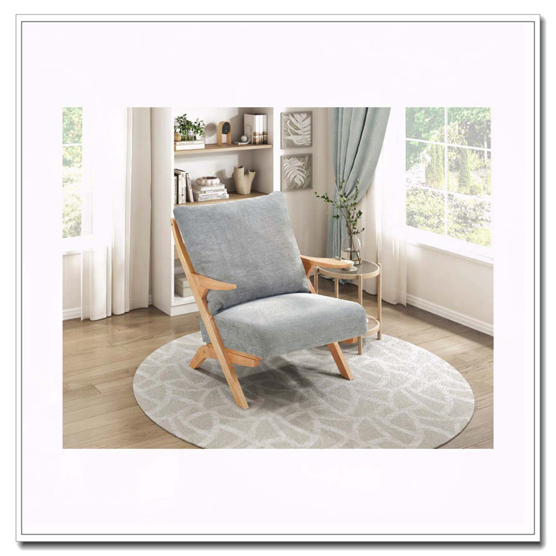 Chaise d'appoint de style Mid-Century de style moderne 1pc avec finition naturelle en bois d'hévéa massif et coussin de siège confortable avec revêtement en chenille grise