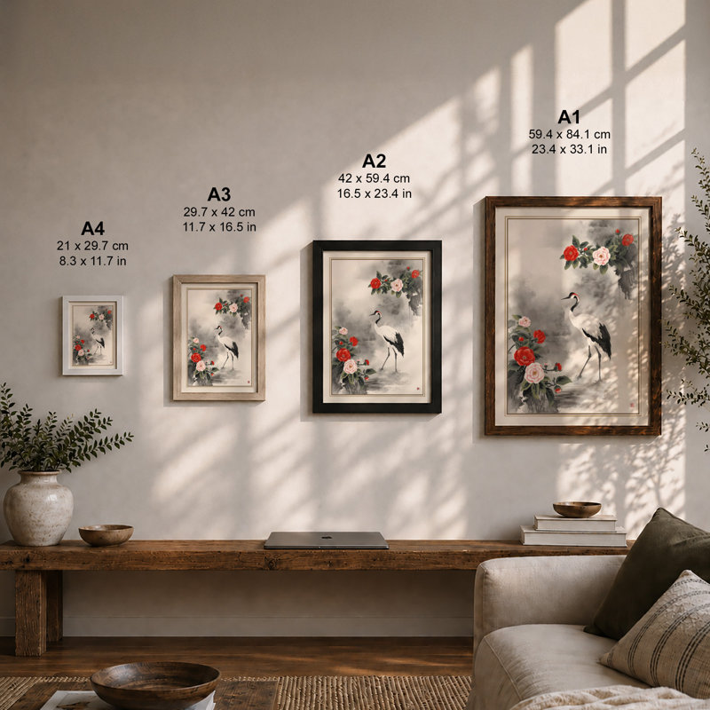 Crane Among Peonies Japandi - Framed Print, A1 - 84.1 x 59.4 cm, Black