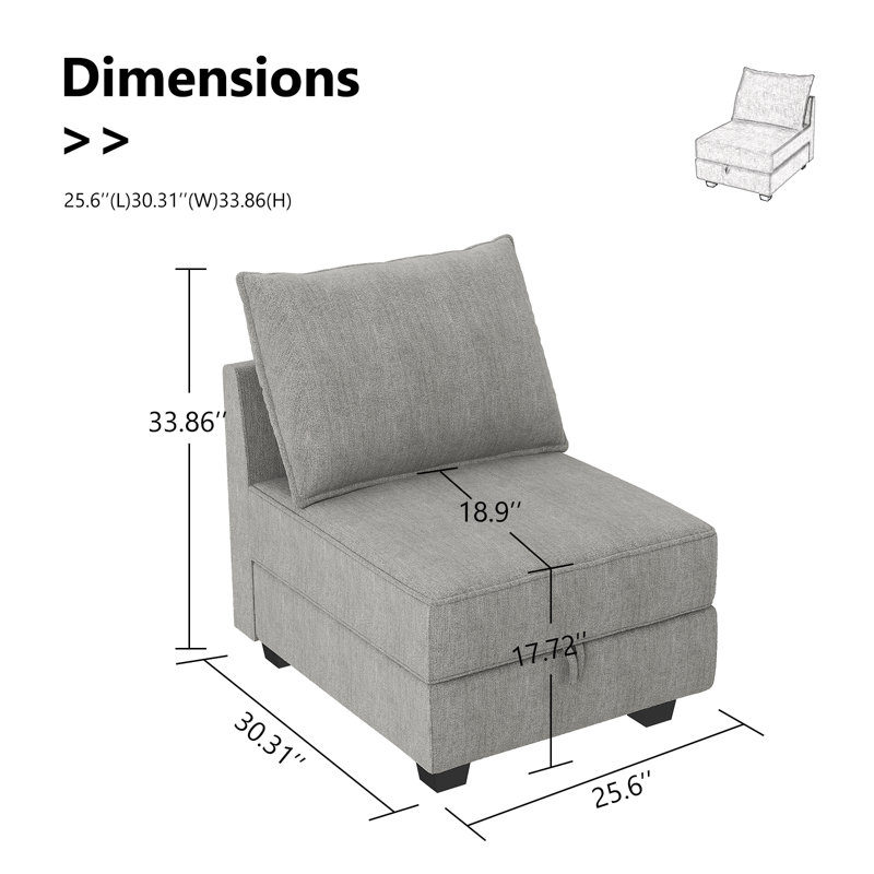 Modern Middle Seat Module For Modular Sofa Customizable Sectional Sofa, Gray Polyester
