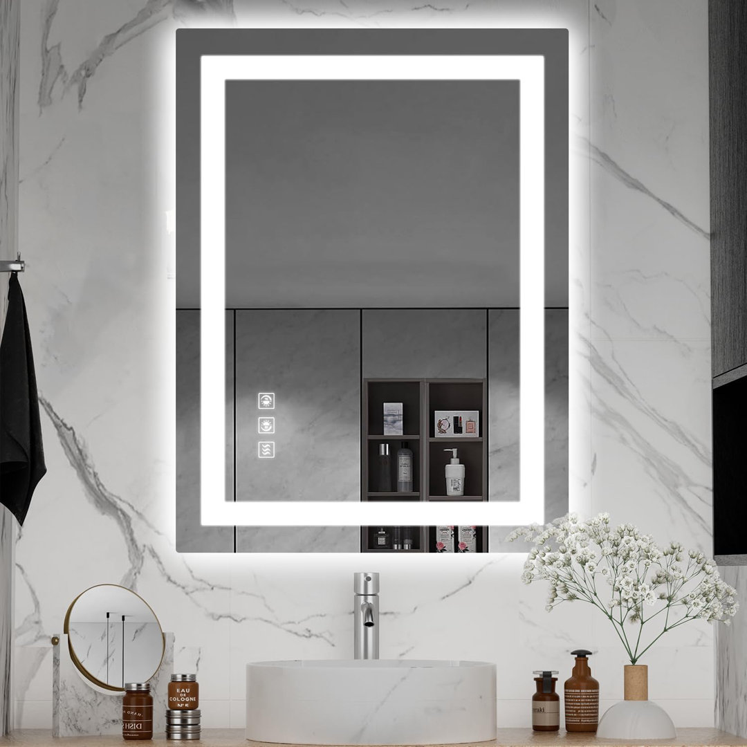 Keyshauna LED Bathroom Mirror with Frontlit and Backlit, 3 Colors Temperature & Dimmable Light Anti-fog Tempered Glass Bathroom Vanity Mirror Wrought Studio™ 