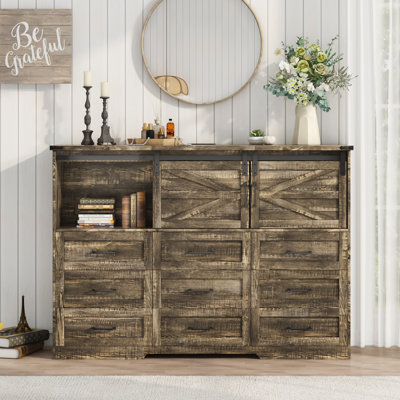 Commode de ferme 63 "avec station de charge et lumières à DEL, armoire de rangement avec porte de grange coulissante et 9 tiroirs