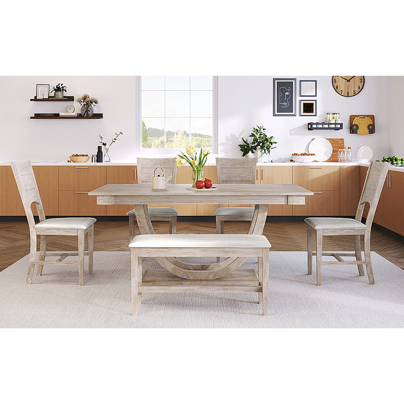 Ensemble de table de salle à manger en bois demi-rond avec long banc et 4 chaises, Bois naturel