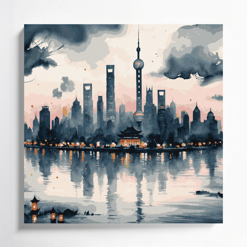 Art mural sur toile beige avec villes cités, H 32 po x l 32 po