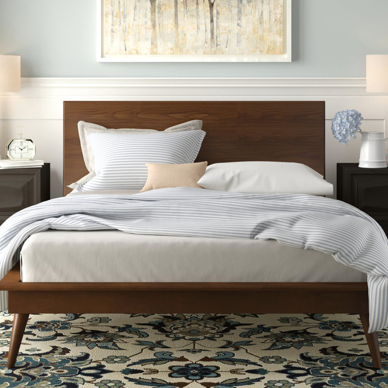 Grand lit plateforme, méthode de fabrication moderne, bois brun, mobilier de chambre à coucher, conception élégante en bois sans sommier, non nécessaire