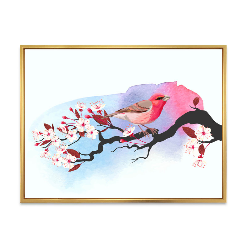 Oiseau rose sur une branche de cerisier - Impression sur toile, H 24 po x l 32 po x P 1 po, Encadrement doré